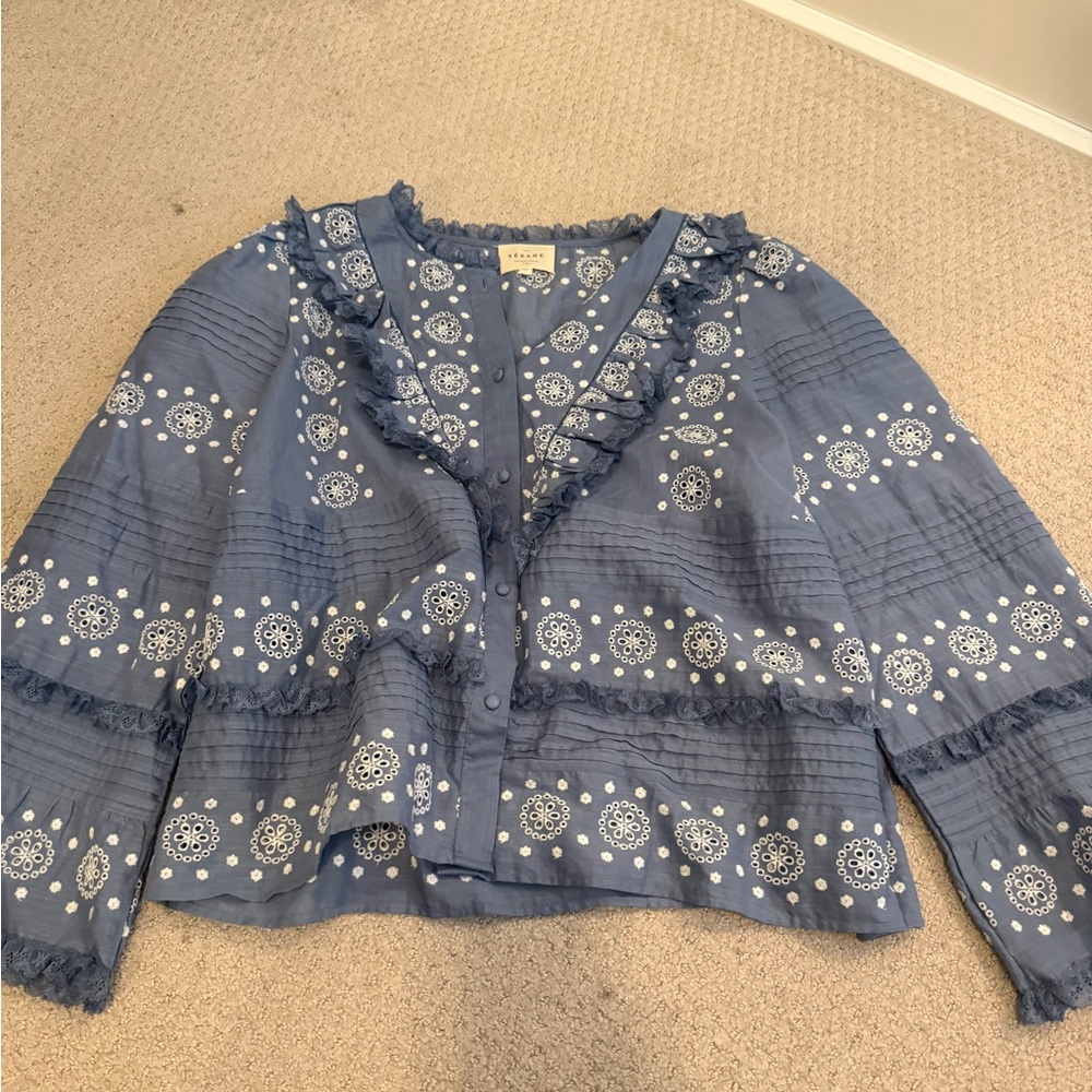 Sezane blue long sleeve embroidered top size 44 (US 12)